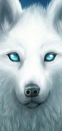 This stunning phone live wallpaper showcases a close-up view of a white furry dog with striking blue eyes, against a white background
