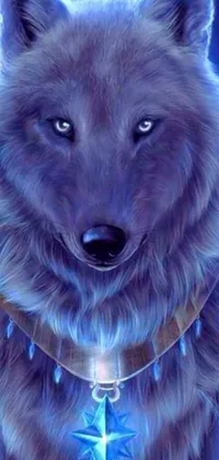 Download this mesmerizing phone live wallpaper featuring a close up of a wolf with a star on its collar, set against a blue native American style robe