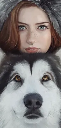 This live wallpaper features a stunning digital painting of a woman and a furry friend