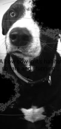 This mobile live wallpaper features a delightful black and white photograph of a playful dog with its tongue lolling out