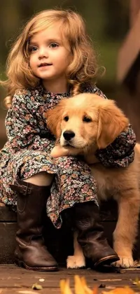 This phone live wallpaper showcases a golden retriever sitting on the steps with a little girl in a brown boots, floral dress and pink bow
