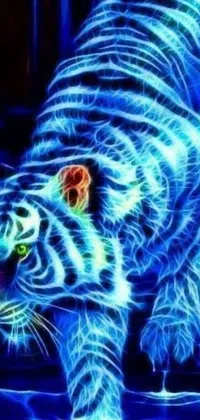 This mesmerizing phone live wallpaper features a stunning digital artwork depicting a blue tiger walking over calm water, with glowing white eyes and blue neon lighting