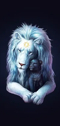 This phone live wallpaper showcases a stunning digital painting of a person holding a lion close to their chest