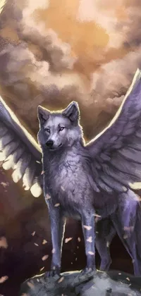 "Discover the stunning live wallpaper of a majestic wolf with angel wings perched on a rock