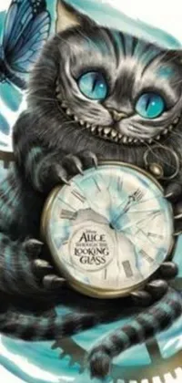 This live wallpaper for phones features a close-up view of a detailed clock with a cute cat sitting on it