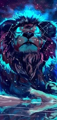 This live phone wallpaper depicts a vibrant lion sitting on a peaceful body of water
