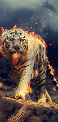 Display the stunning digital art of a white tiger standing on a pile of rocks with this captivating mobile live wallpaper