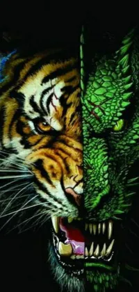 Experience the thrilling power of nature with this phone live wallpaper featuring a close-up view of a tiger and a dragon in stunning green and black hues
