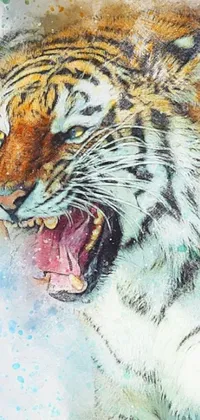 Experience the ferocity and elegance of a stunning tiger with this digital mixed media painting live wallpaper! A close-up of a majestic tiger with its mouth open in a fierce roar dominates the image, while intricate brushstrokes and a watercolor technique create a dreamlike effect
