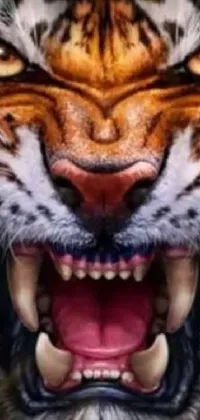 This live wallpaper showcases a stunning close-up of an angry tiger with its mouth open