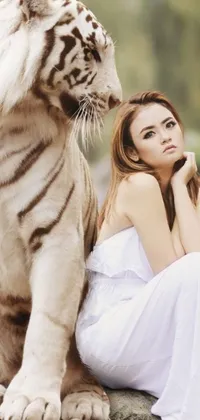 This breathtaking live wallpaper features a young and gorgeous woman sitting on a rock beside a mesmerizing white tiger