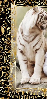 This phone live wallpaper showcases a striking image of a woman in the company of a white tiger