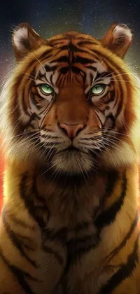 Looking for a fierce and captivating phone live wallpaper? Check out this stunning close-up of a tiger against a striking sky background, featuring impressive digital art that's sure to make your phone stand out