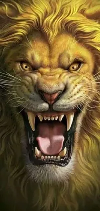 This phone live wallpaper features a realistic digital art image of a lion's face with its mouth open