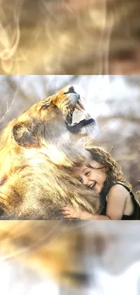 This live phone wallpaper depicts the heartwarming image of a young girl embracing a lion, showcasing a beautiful moment of human-animal connection