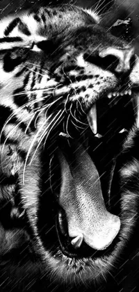 This dramatic mobile phone live wallpaper features a close-up of a fierce tiger with its jaws agape, showcasing its impressive teeth