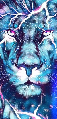 This phone live wallpaper showcases a mesmerizing lion painting in psychedelic colors and blue holographic face