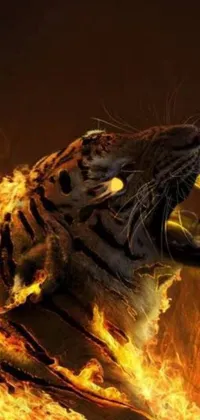 This live wallpaper for your phone showcases a tiger engulfed in flames with its mouth open, creating a surrealistic and captivating image