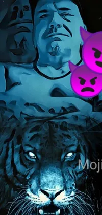 Looking for a stunning phone live wallpaper that combines stunning vector art and ethereal lighting effects? Check out this mesmerizing painting of a tiger and man, featuring breathtaking blues and purples in the background