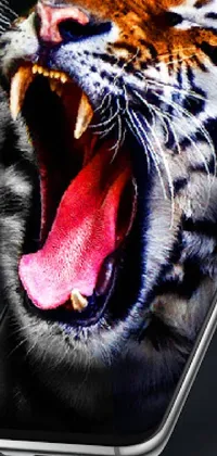 This tiger-themed live wallpaper features a close-up of a phone screen with high-definition, hyperrealistic imagery