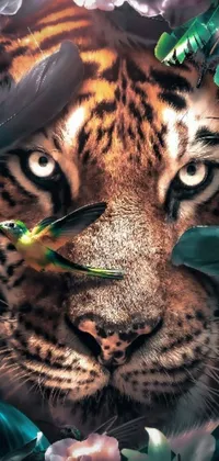 This live wallpaper displays a stunning close-up of a tiger's face set amidst lush foliage in deep jungle
