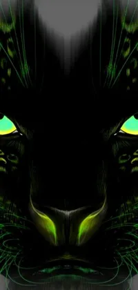 This phone live wallpaper boasts a stunning close-up of a black jaguar's face, with glowing green eyes against a dark green and black color scheme