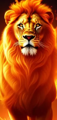This phone live wallpaper features a breathtaking close-up of a lion against a fiery background