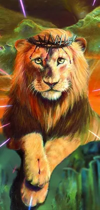 This phone live wallpaper features a stunning airbrush painting of a lion with a crown of thorns on its head