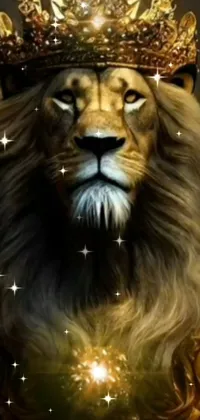 This phone live wallpaper features a regal lion with a crown on its head in a starry background