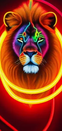 This stunning phone live wallpaper features a vibrant and bold digital oil painting of a fierce lion