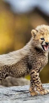 This phone live wallpaper features a cheetah cub standing on top of a rock, screaming with joy