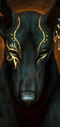 This phone live wallpaper features a digital painting of a black dog with gold eyes, set against a background of cool blue and purple hues with egyptian hieroglyphic symbols