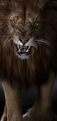 This stunning phone wallpaper showcases a digital rendering of an angry lion up close on a black background