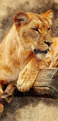 This live wallpaper depicts a majestic lion resting on a log in a portrait style by the artist, Cindy Wright