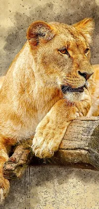 The phone live wallpaper showcases a visually striking image of a lion resting on a log