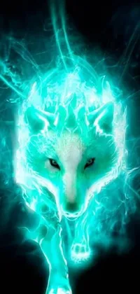 This live phone wallpaper features a glowing wolf on a black background with ice powers, teal energy, and blue flames