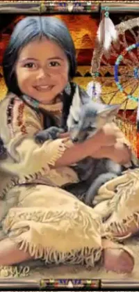 This live wallpaper depicts a young girl sitting on a colorful rug, cradling a cute cat in her arms