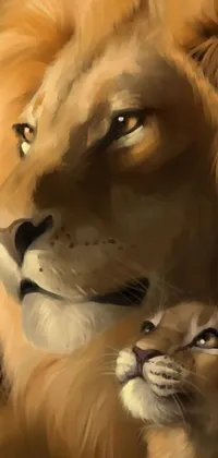 This stunning live phone wallpaper showcases a digital painting of a mighty lion and cute kitten