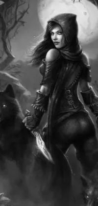 This phone live wallpaper showcases a female warrior standing with a wolf under a full moon