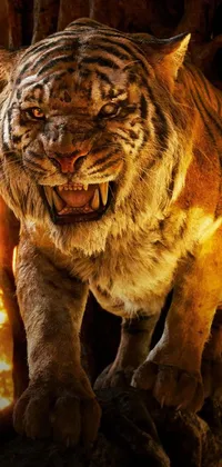 This stunning phone live wallpaper features a realistic close up of a fierce tiger standing near a tree