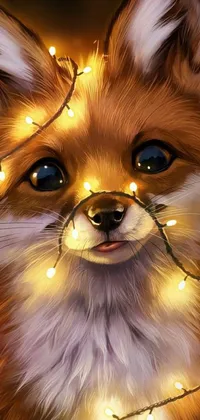 This Christmas-themed phone live wallpaper features a digital painting of an adorable dog with festive lights, alongside cute fox art, set within a snowy winter wonderland