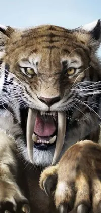 This phone live wallpaper showcases a fierce tiger with its mouth wide open, ready to attack