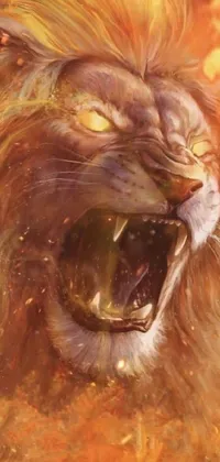 This live wallpaper features a fierce digital lion painting set against a blazing fire background