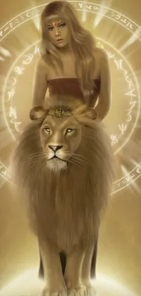This dynamic phone live wallpaper showcases a striking digital illustration of a woman sat upon a ferocious lion