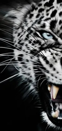 This live phone wallpaper features a striking digital art close-up of a leopard's face, with its jaw wide open to reveal sharp teeth