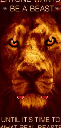 This fierce live wallpaper features a digital rendering of a lion's face with glowing red eyes and sharp teeth visible in a snarl