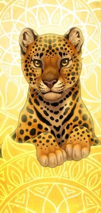 This live phone wallpaper features a beautiful digital painting of a leopard on a yellow background, detailed with intricate markings and celtic knotwork
