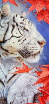 This phone live wallpaper features a breathtaking painting of a white tiger set against a backdrop of vibrant red leaves