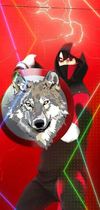 This stunning live wallpaper for your phone features a man holding a wolf shield against a fiery red and orange background