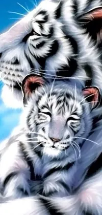 Upgrade your phone wallpaper with a striking airbrush art of two white tigers snuggled under the sunlight